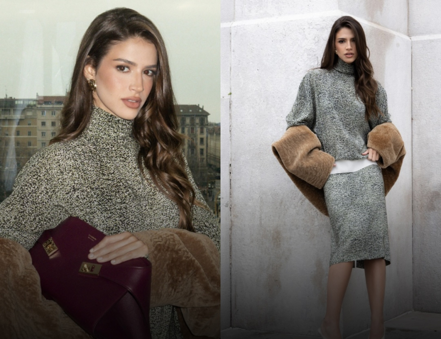 Tricô e textura felpuda, hits das passarelas, marcam o look de Lelê Burnier no desfile da Ferragamo em Milão
